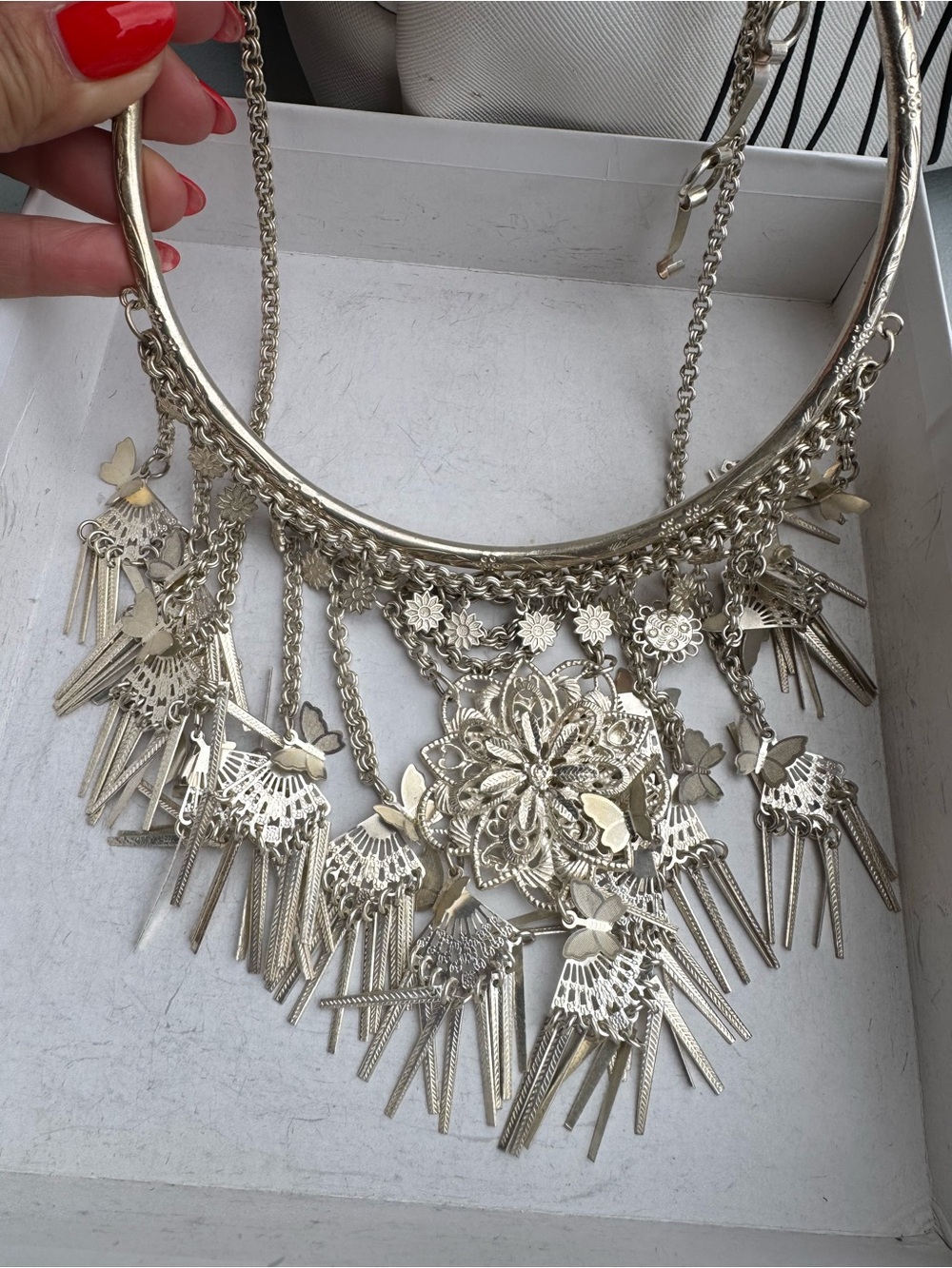 Silver Floral Fringe Statement Necklace - Women Jewelry
